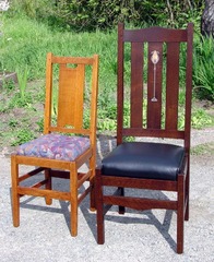 Side chair shown with original Gustav Stickley "H-back" dining chair for scale.  
